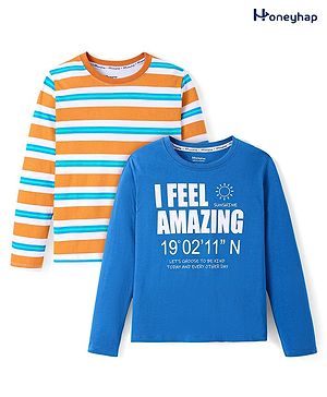 Honeyhap Premium 100% Cotton Knit Full Sleeves Striped & Text Printed T-Shirts Pack of 2 - Mykonos Blue & Brown Strips