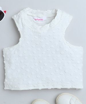 Taffykids Cotton Jersey Sleeveless Polka Dots Textured Crop Top - White