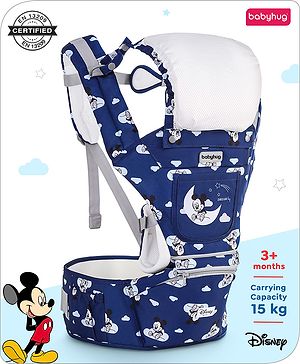 Babyhug Disney Mickey Mouse 9-in-1 Ergonomic Baby Carrier with Hip Seat: Breathable fabric, Detachable hood, Padded straps, Pocket storage, and 9 carrying positions for babies up to 15 kg- Dark Blue