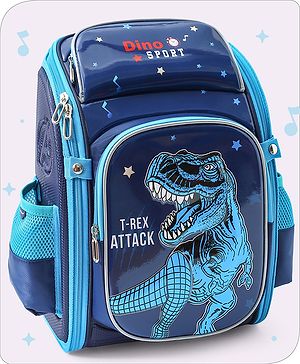 Babyhug School Backpack With Dino Print|1 Main Compartment, 2 Front Pockets, 2 side Bottle Pockets|Water Resistant|Long lasting and Durable Zippers | Comfortable back cushioning | For School, Travel and Outdoors|Blue- 14.5inches