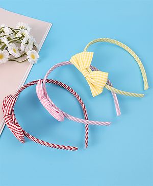 Pine Kids Hair Bands Bow Applique with Checks Free Size Pack of 3 - Red Pink & Yellow