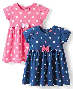 Babyhug Single Jersey Knit Half Sleeves Heart & Polka Dots Printed Frocks with Bow Applique Pack of 2 - Pink & Blue