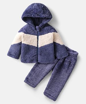 Babyhug Woven Full Sleeves Hooded Fur Winter Wear Suit with Colour Block Design - Navy Blue