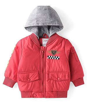 Babyhug Woven Full Sleeves Text Printed Hooded Padded Jacket - Red