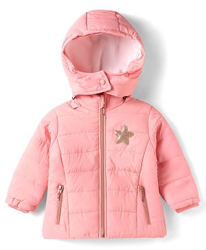 Babyhug Woven Full Sleeves Hooded Padded Jacket With Star Applique & Removable Hood - Pink
