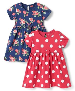 Babyhug Single Jersey Knit Half Sleeves Floral & Polka Dots Printed Frocks with Bow Applique Pack of 2 - Red & Navy Blue