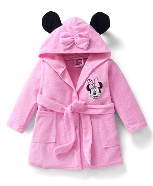 Babyhug Disney Terry Woven Full Sleeve Hooded Bath Robe With Minnie Mouse Graphic & 3D Applique - Pink