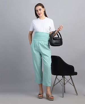 Moms Maternity Khadi Cotton Solid High Rise Smocking Maternity Trousers - Mint Green