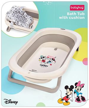 Babyhug Disney Foldable Baby Bathtub with Cushion & Mickey & Friends Graphics -White