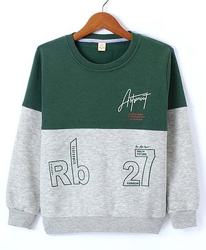 Olio Kids Fleece Knitted Full Sleeves Sweatshirt With Text Print - Olive Green