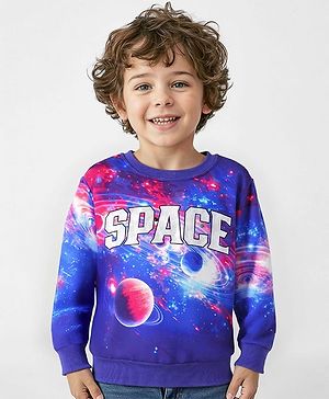 Babyhug Cotton Knit Full Sleeves Sweatshirt with Space Theme  Graphics - Navy