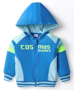 Babyhug Cotton Knit Full Sleeves Hooded Sweat Jacket With Text Print - Blue