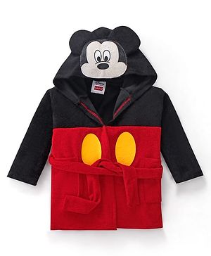 Babyhug Disney Terry Knit Hooded Bath Robe With Pockets And Mickey Mouse Graphics -Red