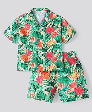 Primo Gino 100% Rayon Woven Half Drop Shoulder Sleeves Tropical Theme Print Shirt & Shorts Set - Green