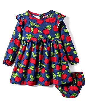 Babyhug Single Jersey Knit Full Sleeves Frock With Fruit Print & Bloomer - Navy Blue