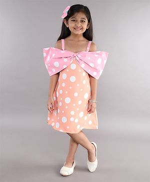 PinkChick Cotton Cold Shoulder Bow Applique Detailed & Polka Dots Printed Dress - Peach