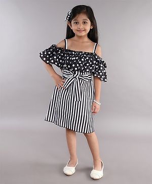 PinkChick Cotton Cold Shoulder Polka Dots Printed & Striped & Bow Applique Detailed Dress - Black