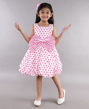 PinkChick Cotton Sleeveless Striped Bow Applique Detailed & Polka Dots Printed Dress - Pink