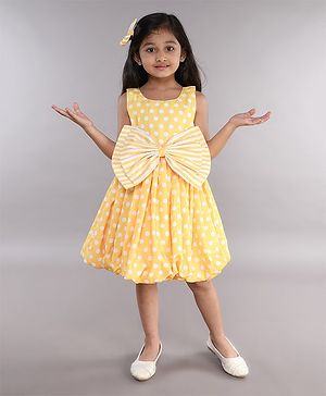 PinkChick Cotton Sleeveless Striped Bow Applique Detailed & Polka Dots Printed Dress - Yellow