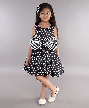 PinkChick Cotton Sleeveless Striped Bow Applique Detailed & Polka Dots Printed Dress - Black