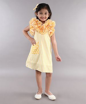 PinkChick Cotton Sleeveless Ruffle Detailed Striped Dress - Yellow