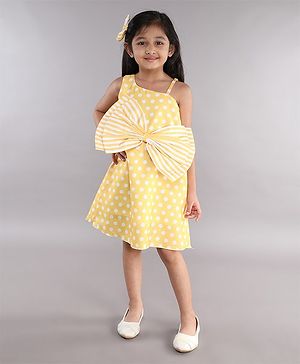 PinkChick Cotton Sleeveless Striped Bow Applique Detailed & Polka Dots Printed Dress - Yellow