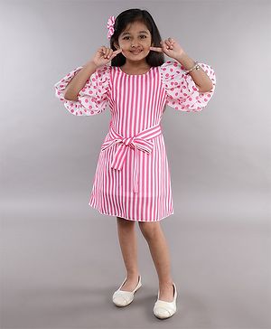 PinkChick Cotton Half Sleeves Striped & Polka Dots Printed Dress - Pink