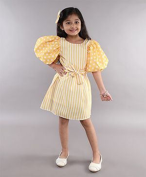 PinkChick Cotton Half Sleeves Striped & Polka Dots Printed Dress - Yellow