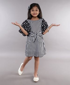 PinkChick Cotton Half Sleeves Striped & Polka Dots Printed Dress - Black