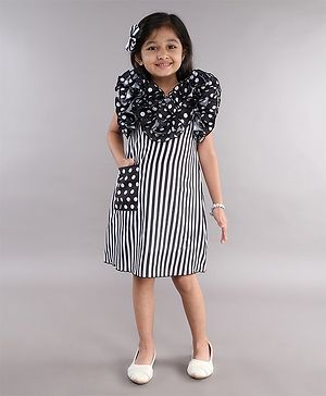 PinkChick Cotton Sleeveless Striped & Ruffle Detailed Dress - Black