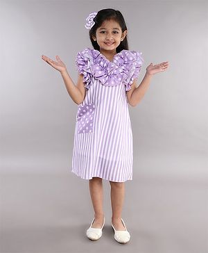 PinkChick Cotton Sleeveless Striped & Ruffle Detailed Dress - Lavender