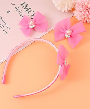 Babyhug Headband & Clips  Combo Set Free Size with Bow Applique - Fuchsia