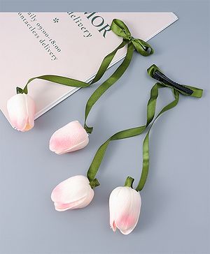 Babyhug Free Size Floral Applique Clips With Ribbon Pack Of 2 - Pink & Green