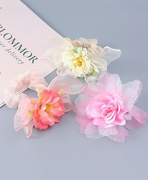 Babyhug Hair Rubber Bands With Floral Applique Pack of 3 -  Pink & Yellow
