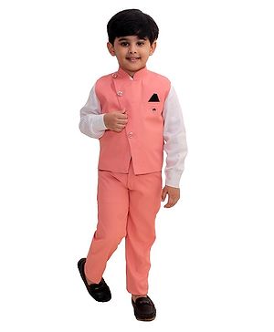 Fourfolds Full Sleeves Three Piece Solid Party Suit Set - Pink