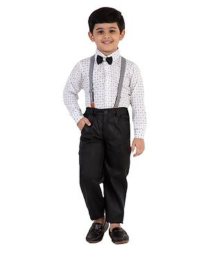 Fourfolds Full Sleeves Abstract Printed Shirt Trousers & Bow Tie With Striped Suspender Set - Black