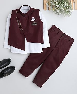 Fourfolds Full Sleeves Solid Shirt & Trousers With Broach Applique Detailed Waistcoat Set - Maroon