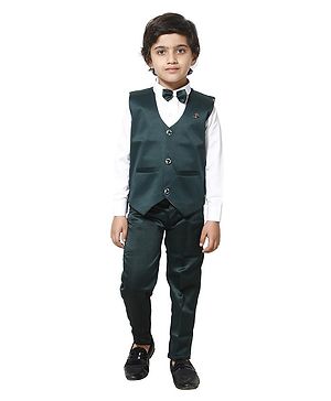 Fourfolds Cotton Blend Full Sleeves Solid Shirt With Waistcoat Trouser & Bow - Dark Green