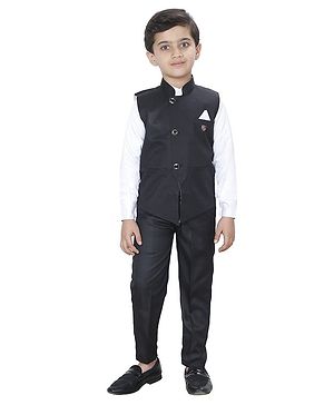 Fourfolds Cotton Blend Full Sleeves Solid Shirt With Waistcoat & Trouser Set - Black