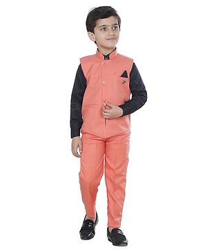 Fourfolds Cotton Blend Full Sleeves Solid Shirt With Waistcoat & Trouser Set - Pink