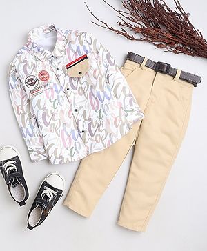 Fourfolds Cotton Blend Full Sleeves Typography Printed Shirt With Solid Trouser Set - Beige