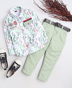 Fourfolds Cotton Blend Full Sleeves Typography Printed Shirt With Solid Trouser Set - Green