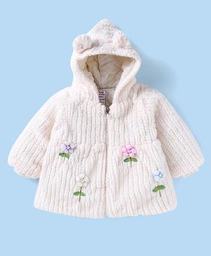 Babyhug Fur Woven Full Sleeves Hooded Winter Jacket with Floral Applique - White