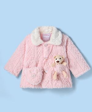 Babyhug Fur Woven Full Sleeves Winter Jacket with Bear Applique - Pink