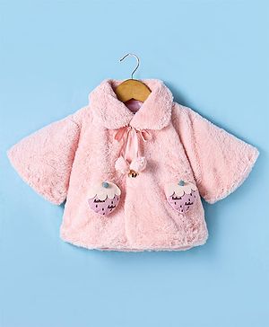 Babyhug Woven Half  Sleeves  Sweatjacket With Fur Detailing & Strawberry Applique - Pink