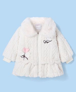 Babyhug Fur Woven Full Sleeves Winter Jacket with Heart Applique & Sling Bag - White