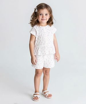 Bonfino Woven Half Sleeves Front Open Top & Short Set With Polka Dot Print - White & Pink