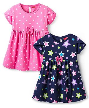 Babyhug Single Jersey Knit Half Sleeves Star & Polka Dot Printed Dresses With Bow Applique Pack of 2 - Navy Blue & Pink