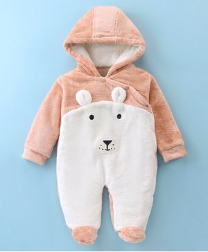 Little Kangaroos Fur Knit Full Sleeves Winter Wear Hooded Romper with Bear Patch & Applique - Peach & White