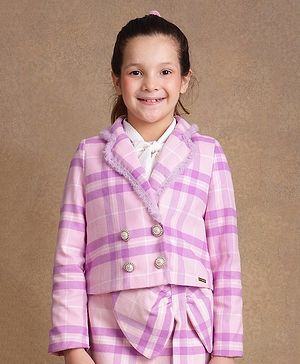 One Friday Full Sleeves Fur & Bow Applique Detailed Checked Blazer - Pink